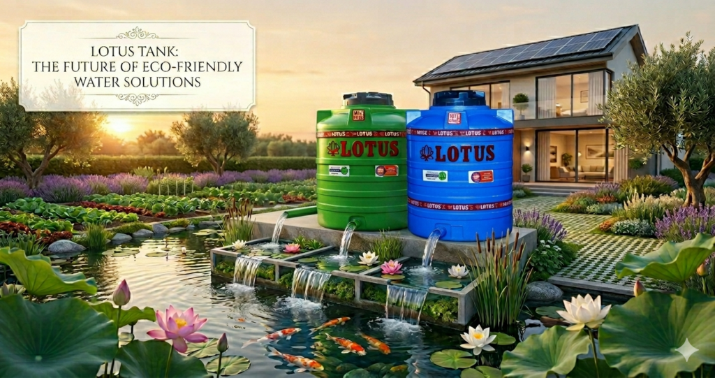 Green and Blue Lotus water tanks in a modern eco-friendly garden with a solar-powered house and lily pond.
