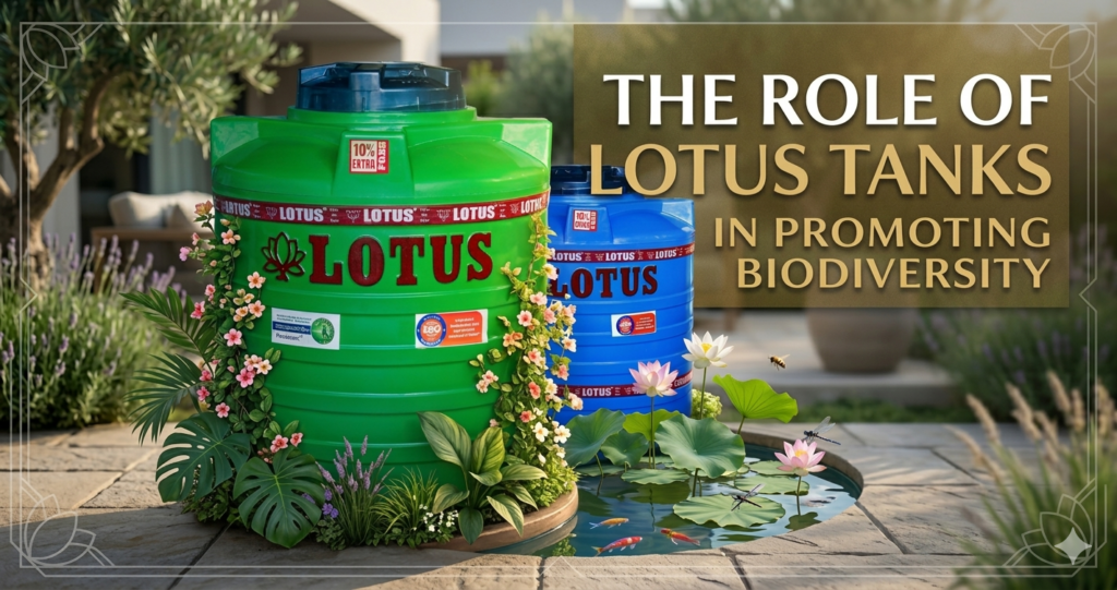 Green and blue Lotus water tanks with decorative plants and a lily pond highlighting the role of tanks in biodiversity.