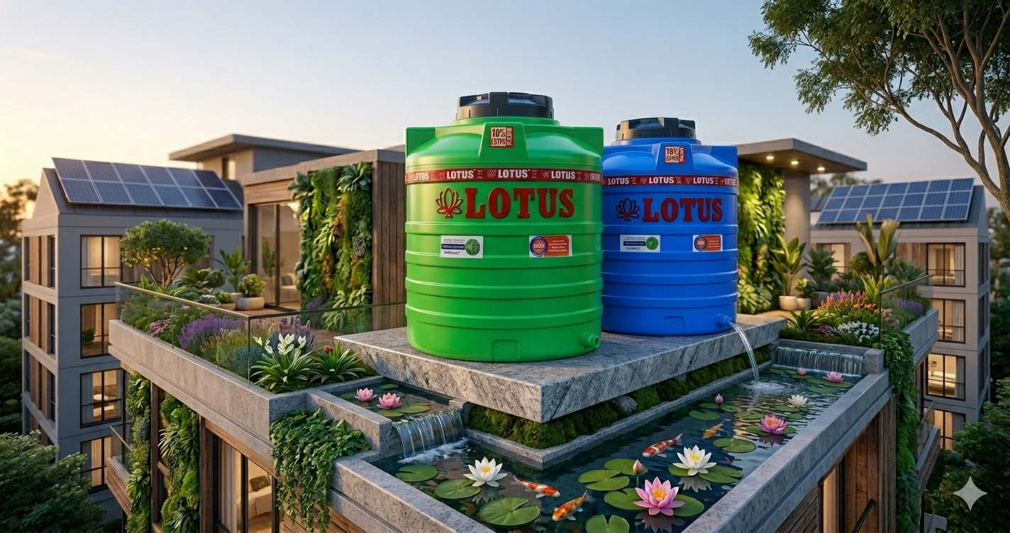 remium Green and Blue Lotus water tanks installed on a modern sustainable rooftop garden with blooming lotus pond and solar panels.