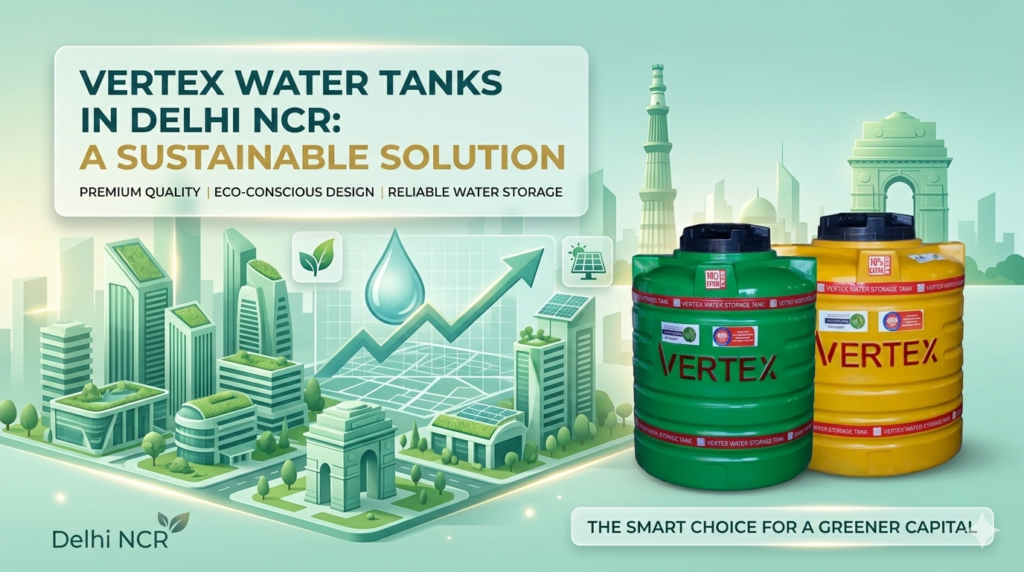 Vertex water storage tanks in Delhi NCR featuring yellow and green models for sustainable water solutions.