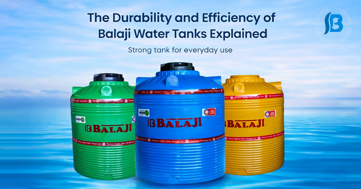 Three Balaji water tanks in green, blue, and yellow colors placed against a blue water background, highlighting durability and efficiency for everyday use.